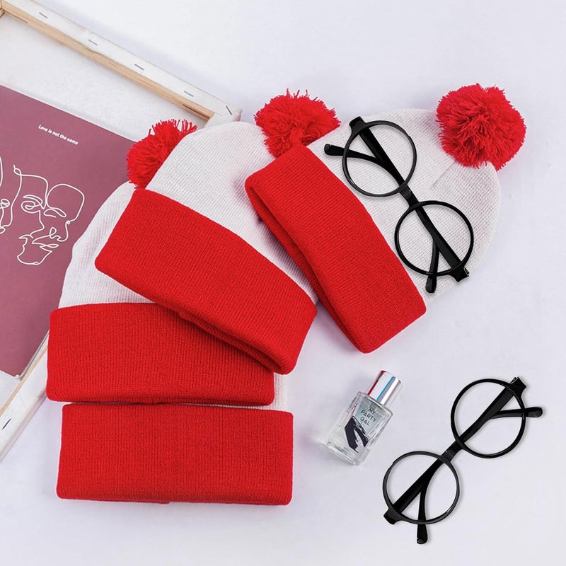 AWNALEEO Red White Pom Pom Cuff Knit Beanie Hat - Waldo Costume - Adult Halloween Hat Christmas Beanie Hat - Image 5